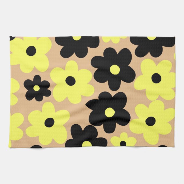 Preppy Gelb Schwarzes Hippie Blumenmuster Geschirrtuch (Horizontal)