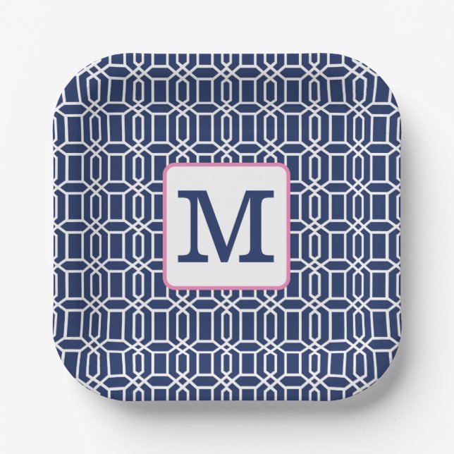 Preppy Geometric Monogram Navy White Pink Pappteller (Vorderseite)