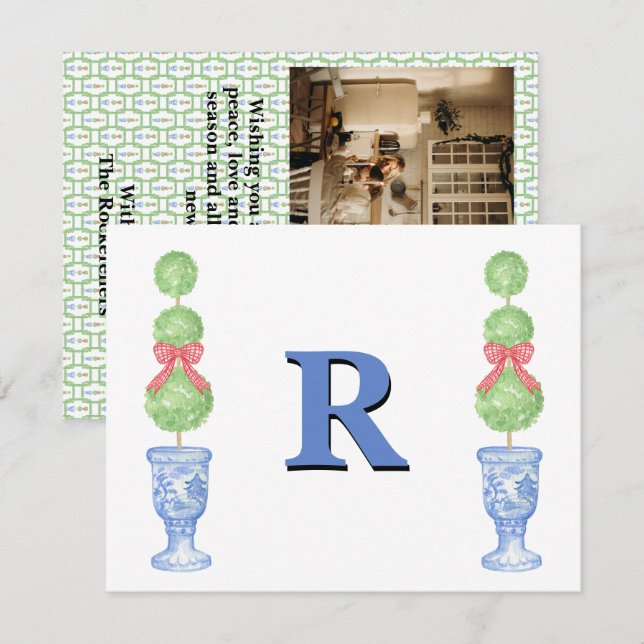 Preppy Ginger Jar Monogram Foto Weihnachtskarte Mitteilungskarte (Vorne/Hinten)