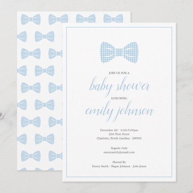Preppy Gingham Bow Krawatte Baby Boy Dusche Einlad Einladung (Vorne/Hinten)