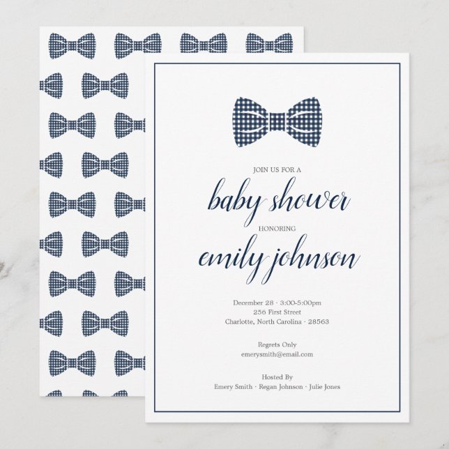 Preppy Gingham Bow Krawatte Baby Boy Shower Einlad Einladung (Vorne/Hinten)