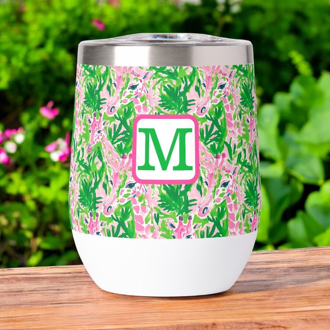 Preppy Giraffen Pink Green Tropical Monogram (Von Creator hochgeladen)