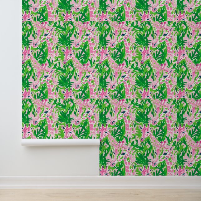 Preppy Giraffen Pink Green Tropical Tapete (Anwendung)