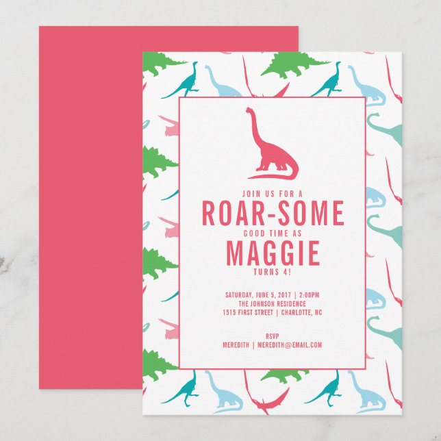 Preppy Girl Dinosaur Anniversaire Fête Invitation (Devant / Derrière)