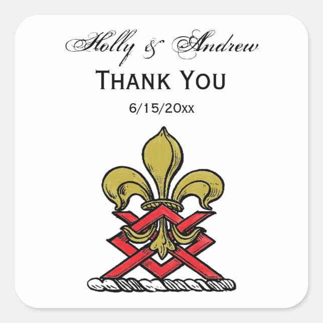 Preppy Gold Red Heraldic Wappen Lilie Emblem Quadratischer Aufkleber (Vorderseite)