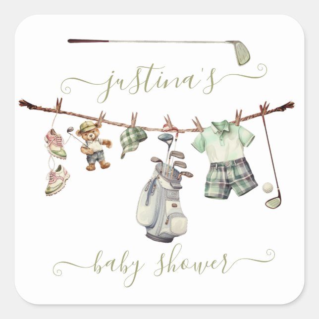 Preppy Golf Baby Dusche Quadratischer Aufkleber (Vorderseite)