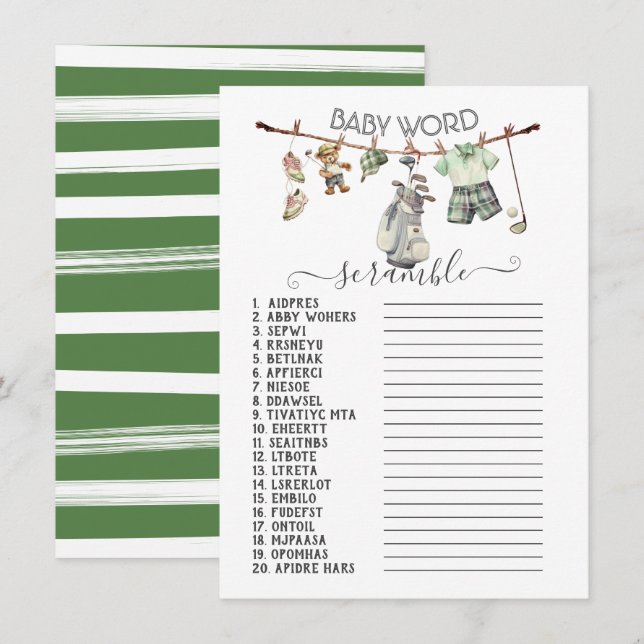 Preppy Golf Clothesline Baby Word Scramble Einladung (Vorne/Hinten)