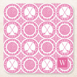 Preppy Golf Damask - Golfbälle und Schläger in Hot Rechteckiger Pappuntersetzer