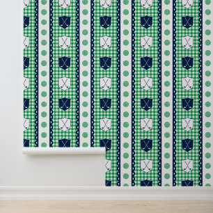Preppy Golf-Wappen Gingham in Grün und Marineblau Tapete
