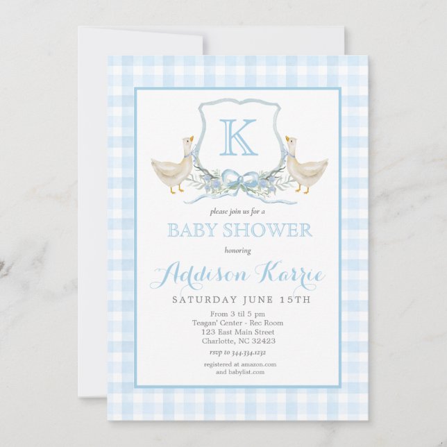 Preppy Goose Blue Gingham Baby Shower Invitation Einladung (Vorderseite)
