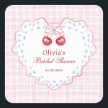 Preppy Grandmillenial Cherry am oberen Brautparty Quadratischer Aufkleber<br><div class="desc">Fügen Sie Ihrer Feier eine charmante Touch mit diesem Preppy Grandmillennial Cherry auf Top-Brautparty Aufkleber. Mit blauen Streifen, Vintagen Kirschdetails, zarten Bögen und einer Mischung aus Coquette, Cotgattore, Shabby Chic und extravaganter Ästhetik ist dieser Aufkleber perfekt für Taschen, Umschlag Aufkleber oder Dekorakzente. Eine stilvolle Mischung aus zeitlos und spielerisch, ideal...</div>