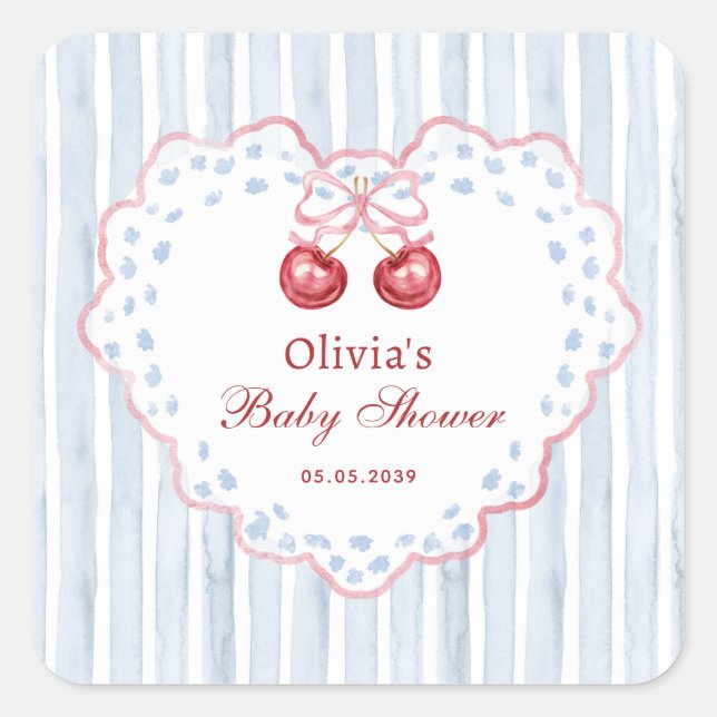 Preppy Grandmillenial Cherry auf Top Baby Dusche Quadratischer Aufkleber (Vorderseite)