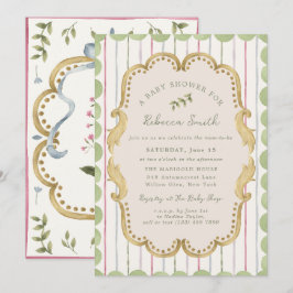 Preppy Grandmillennial Botanical Frame Baby Shower Einladung