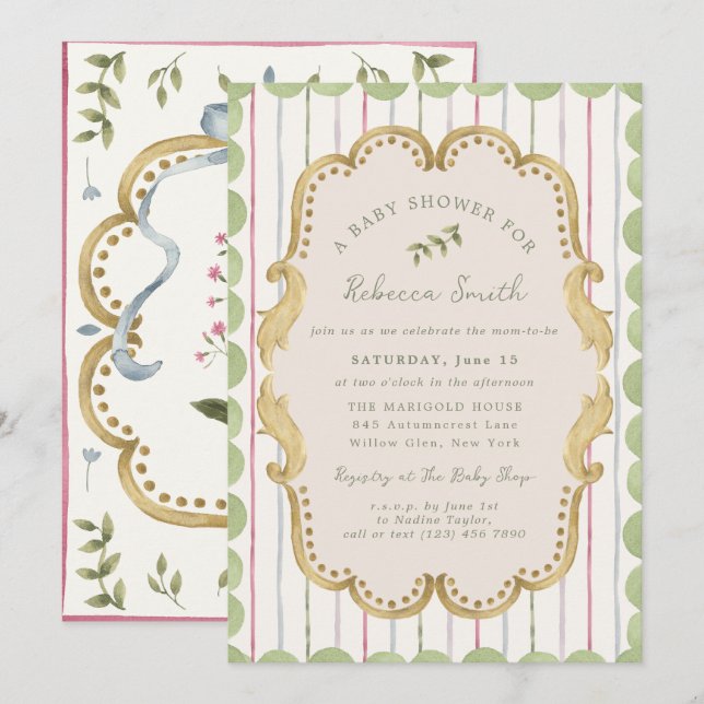 Preppy Grandmillennial Botanical Frame Baby Shower Einladung (Vorne/Hinten)
