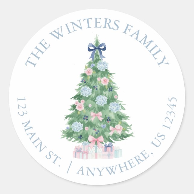 Preppy Grandmillennial Christmas Tree Adresse Runder Aufkleber (Vorderseite)