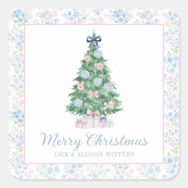 Preppy Grandmillennial Christmas Tree Quadratischer Aufkleber (Vorderseite)