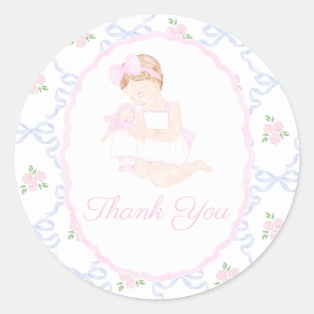 Preppy Grandmillennial Dolly & Me Preppy Ribbon Runder Aufkleber (Vorderseite)
