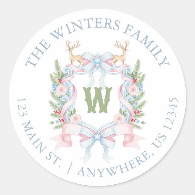 Preppy Grandmillennial Monogram Wappen Address Runder Aufkleber (Vorderseite)