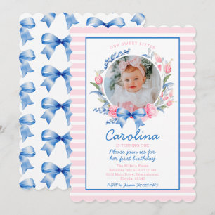Preppy Grandmillennial Preppy Floral Blue Bows Einladung