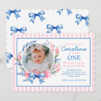Preppy Grandmillennial Preppy Floral Blue Bows Einladung