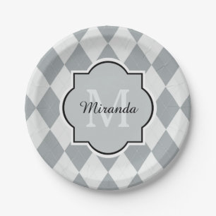 Preppy Gray Raute Girly Monogram und Name Pappteller