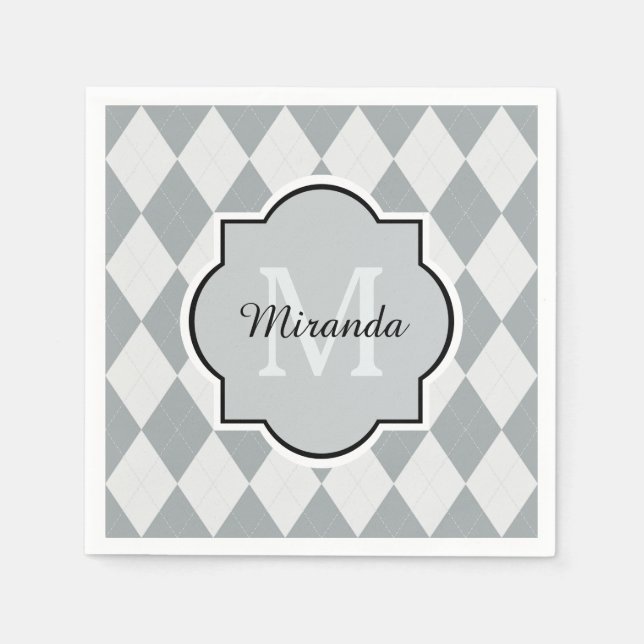 Preppy Gray Raute Girly Monogram und Name Serviette (Vorderseite)