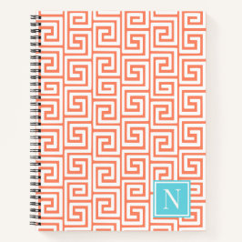 Preppy Greek Key Monogram – Coral & Turquoise Notizbuch