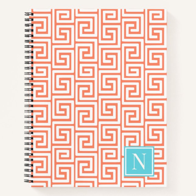 Preppy Greek Key Monogram – Coral & Turquoise Notizbuch (Vorderseite)