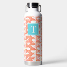 Preppy Greek Key Monogram - Coral & Turquoise