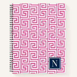 Preppy Greek Key Monogram – Hot Pink & Navy Notizbuch