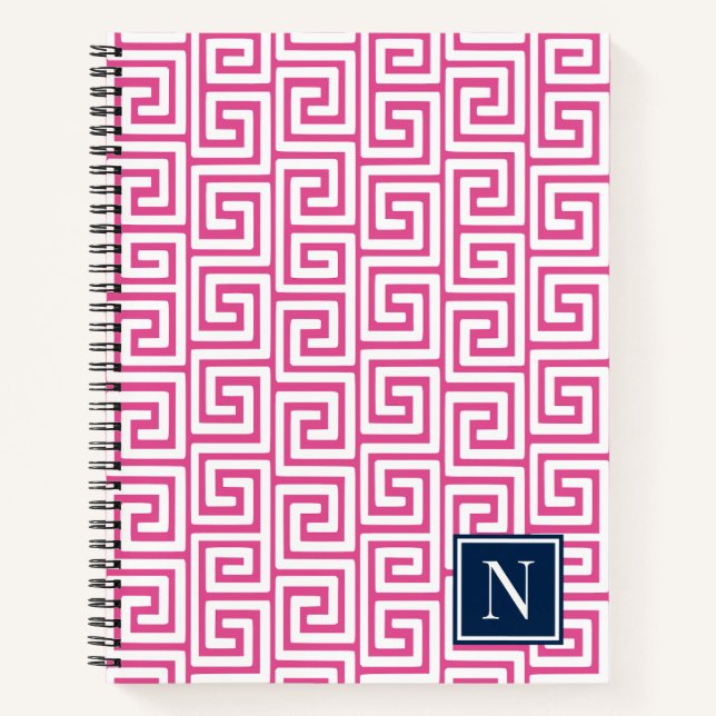 Preppy Greek Key Monogram – Hot Pink & Navy Notizbuch (Vorderseite)