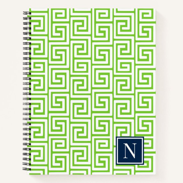 Preppy Greek Key Monogram – Lime Green & Navy Notizbuch (Vorderseite)