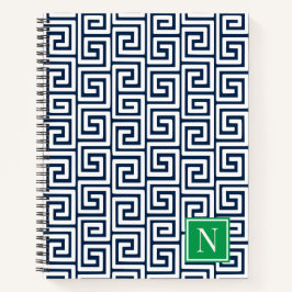 Preppy Greek Key Monogram – Navy & Green Notizbuch