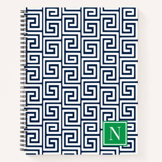 Preppy Greek Key Monogram – Navy & Green Notizbuch (Vorderseite)
