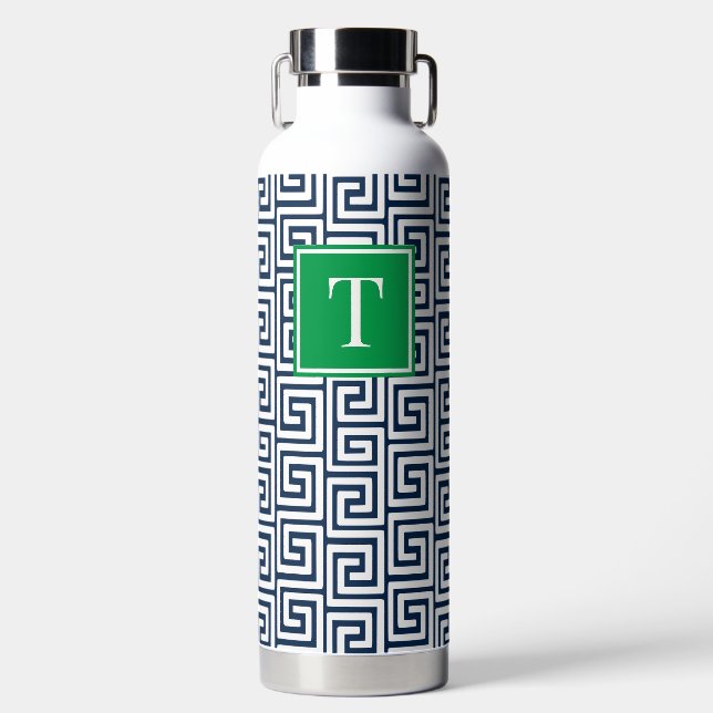 Preppy Greek Key Monogram - Navy & Green Trinkflasche (Vorderseite)