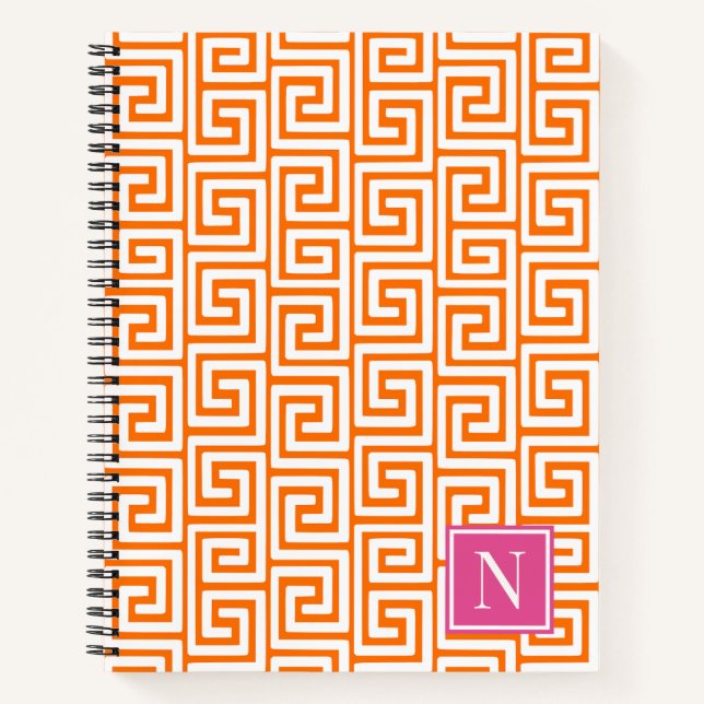 Preppy Greek Key Monogram – Orange & Hot Pink Notizbuch (Vorderseite)