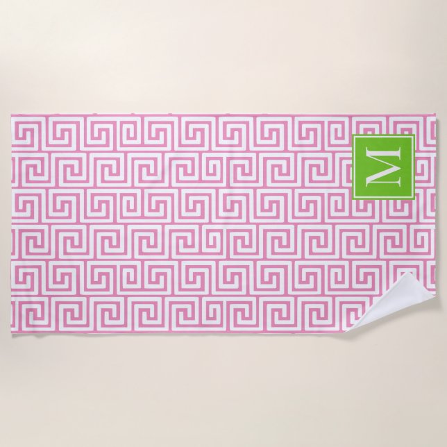 Preppy Greek Key Monogram – Pink & Lime Green Strandtuch (Vorderseite)