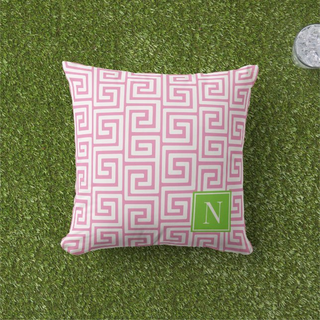 Preppy Greek Key Monogram – Pink & Lime Kissen (Golfball-Marker)