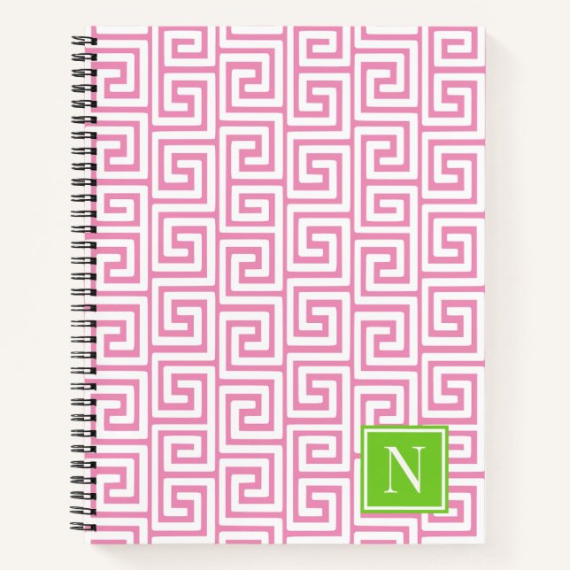 Preppy Greek Key Monogram – Pink & Lime Notizbuch (Vorderseite)