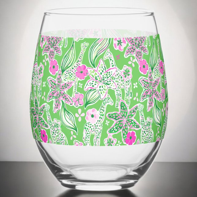 Preppy Green Giraffen Blume Rosa Grün Weinglas Ohne Stiel (Von Creator hochgeladen)