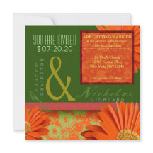 Preppy Green Orange Gerbera Floral Wedding Einladu