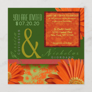 Preppy Green Orange Gerbera Floral Wedites Einladung