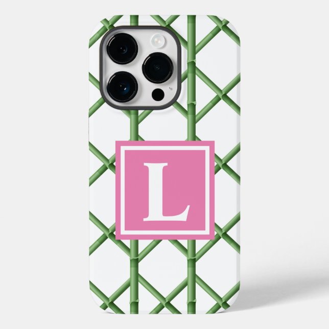 Preppy Green Trellis Bamboo Muster Monogram Case-Mate iPhone 14 Pro Hülle (Rückseite)
