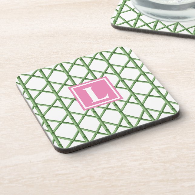 Preppy Green Trellis Bamboo Muster Monogram Getränkeuntersetzer (Linke Seite)
