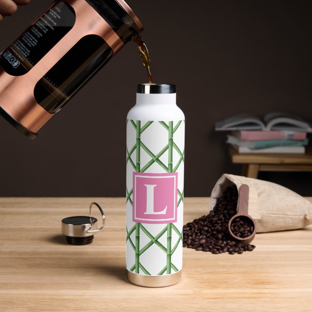Preppy Green Trellis Bamboo Muster Monogram Trinkflasche (Kaffee)