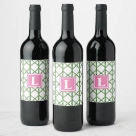 Preppy Green Trellis Bamboo Muster Monogram Weinetikett