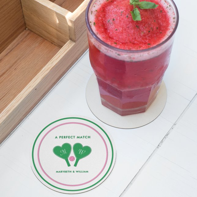 Preppy Green und Pink Wedding Pickleball Runder Pappuntersetzer (Von Creator hochgeladen)