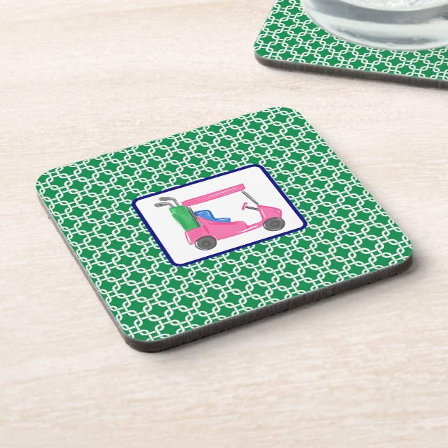 Preppy Green White Link Muster Pink Golf Cart Getränkeuntersetzer (Linke Seite)