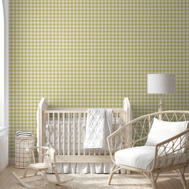 Preppy Hahnentrittmuster in Creme und Olive Green Tapete (Kinder)