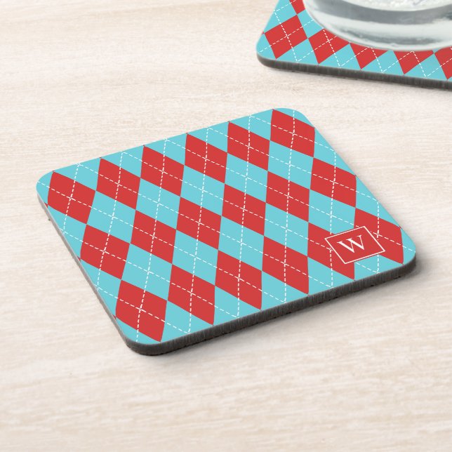 Preppy-Handgestickter Argyle – Rot & Türkis Getränkeuntersetzer (Linke Seite)